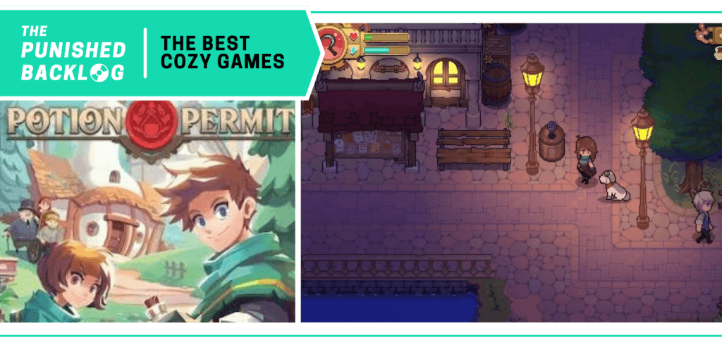 Potion Permit - Cover art and screenshot of a fantasy character in town with a dog. A teal banner in the corner has the logo for The Punished Backlog and the title "The Best Cozy Games" list 