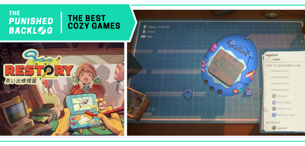 ReStory: Chill Electronics Repairs -  - Cover art and screenshot of a tech repair video game set in 1990s Japan. A teal banner in the corner has the logo for The Punished Backlog and the title "The Best Cozy Games" list 