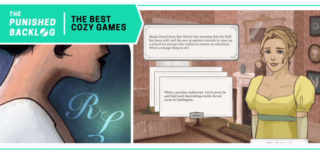 Regency Love - Cover art and screenshot a Jane Austen inspired video game visual novel. A teal banner in the corner has the logo for The Punished Backlog and the title "The Best Cozy Games" list 