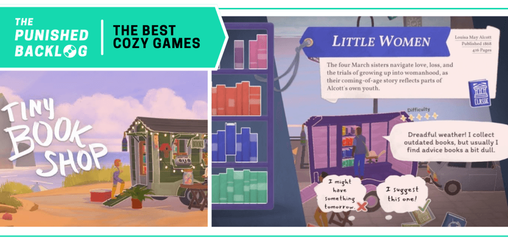 Tiny Bookshop - Cover art and screenshot a bookstore game recommending Little Women to a customer. A teal banner in the corner has the logo for The Punished Backlog and the title "The Best Cozy Games" list 