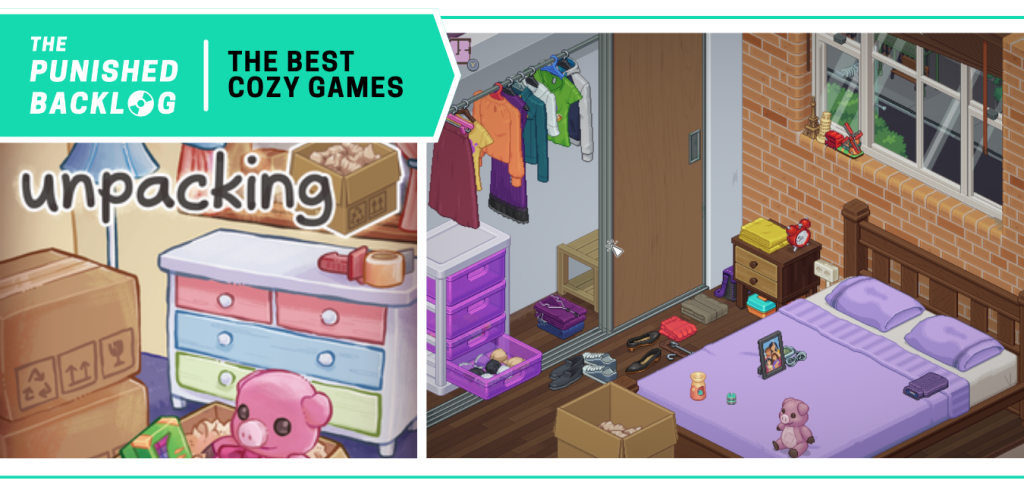 Unpacking - Cover art and screenshot a puzzle game of unpacking items in a house decoration game. A teal banner in the corner has the logo for The Punished Backlog and the title "The Best Cozy Games" list 