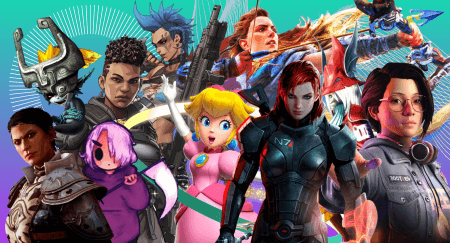 A cover image for a list of the Best Female Video Game Characters as Picked by Female Gamers, featuring on top of a teal and purple background, Cassandra from Dragon Age: Inquisition, Midna from The Legend of Zelda: Twilight Princess, Lavender from Grimm's Hollow, Bangalore from Apex Legends, Junker Queen from Overwatch 2, Princess Peach from Princess Peach: Showtime!, Aloy from Horizon Zero Dawn, Commander Shepard ("FemShep") from Mass Effect, Freya Crescent from Final Fantasy IX, Alex Chen from Life Is Strange: True Colors.