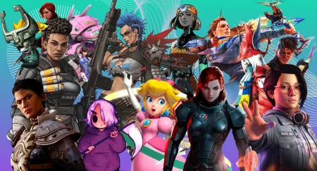 A cover image for a list of the Best Female Video Game Characters as Picked by Female Gamers, featuring on top of a teal and purple background, Jesse Faden from Control, Cassandra from Dragon Age: Inquisition, Midna from The Legend of Zelda: Twilight Princess, D.VA from Overwatch, Lavender from Grimm's Hollow, Bangalore from Apex Legends, Junker Queen from Overwatch 2, Princess Peach from Princess Peach: Showtime!, Melinoe from Hades II, Aloy from Horizon Zero Dawn, Commander Shepard ("FemShep") from Mass Effect, Freya Crescent from Final Fantasy IX, Karlach from Baldur's Gate 3, Alex Chen from Life Is Strange: True Colors,