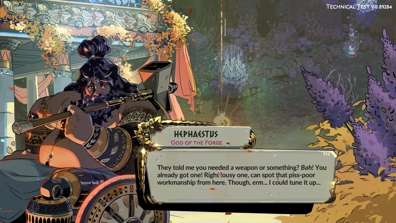 In-game art for Hephaestus, a new Hades II character