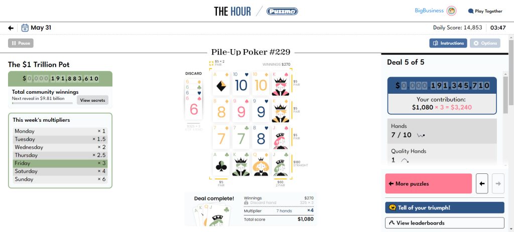 Puzzmo Pile-Up Poker gameplay screenshot