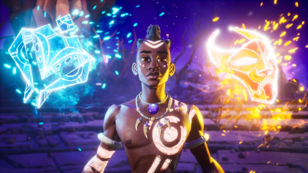 Screenshot of Zau and his Sun and Moon masks in Tales of Kenzera: ZAU