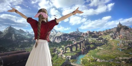 Aerith with her arms outstretched in front of a panoramic view of Final Fantasy VII Rebirth's Grasslands
