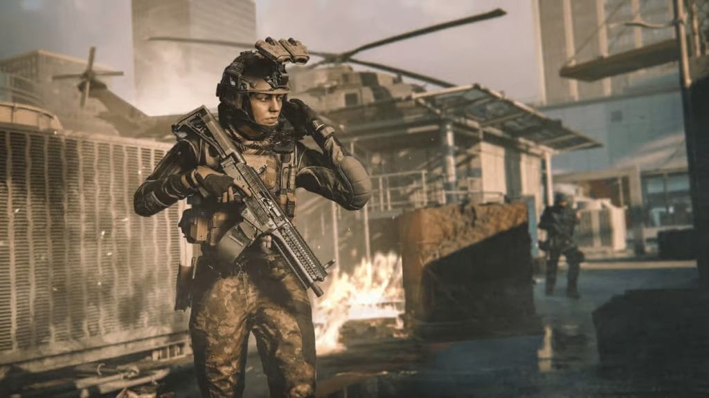 Call of Duty Modern Warfare III - still of soldier outside of crashing helicopter