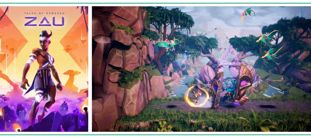 The cover art of Tales of Kenzera: Zau and a gameplay screenshot of an African prince fighting off giant purple monsters and blue flying dinosaurs. There's a teal banner with the logo for The Punished Backlog and text that says "The Best Metroidvanias" as part of our list of the best metroidvania games of all time