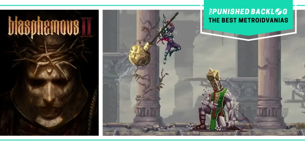 The cover art and a gameplay screenshot of two knights fighting in Blasphemous II. There's a teal banner with the logo for The Punished Backlog and text that says "The Best Metroidvanias" as part of our list of the best metroidvania games of all time