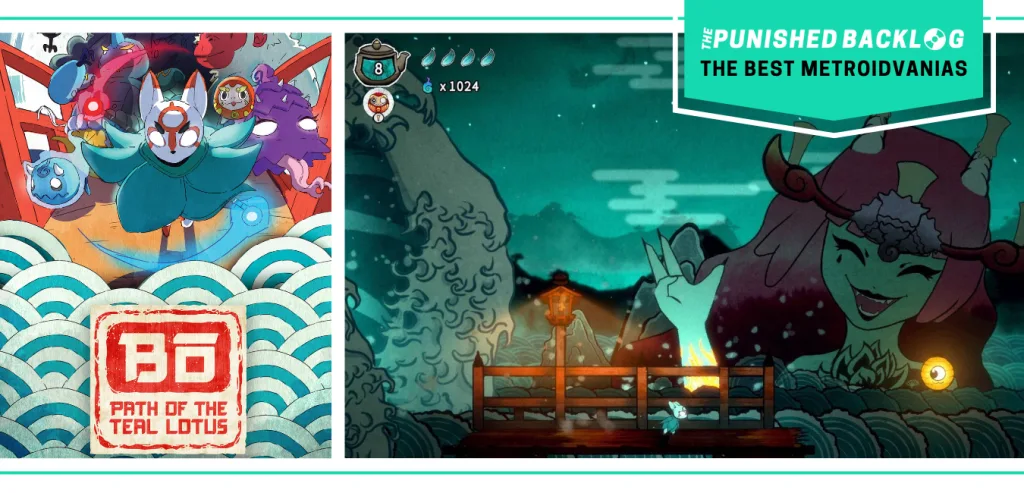 The cover art and a gameplay screenshot of a white fox running across a dark blue bridge while a smiling monster looks on in Bo: Path of the Teal Lotus. There's a teal banner with the logo for The Punished Backlog and text that says "The Best Metroidvanias" as part of our list of the best metroidvania games of all time
