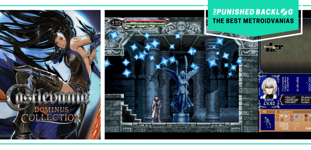 The cover art of Castlevania: Dominus Collection and a gameplay screenshot showing a white-haired man in a dungeon. There's a teal banner with the logo for The Punished Backlog and text that says "The Best Metroidvanias" as part of our list of the best metroidvania games of all time 