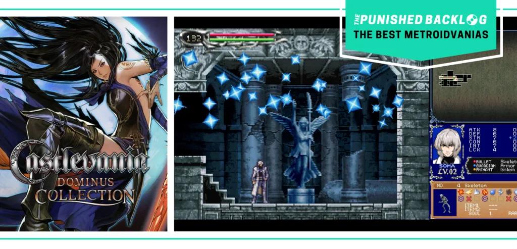 The cover art of Castlevania: Dominus Collection and a gameplay screenshot showing a white-haired man in a dungeon. There's a teal banner with the logo for The Punished Backlog and text that says "The Best Metroidvanias" as part of our list of the best metroidvania games of all time