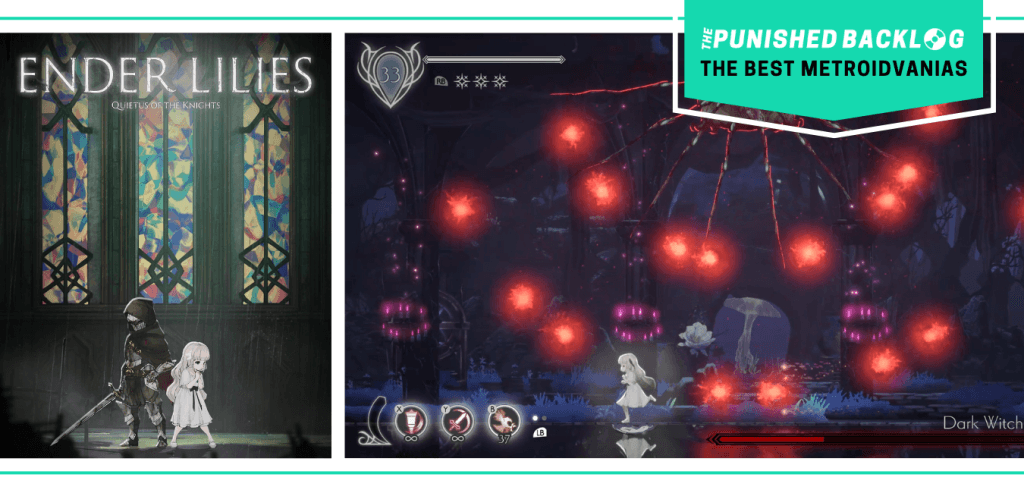 The cover art of Ender Lilies: Quietus of the Knights and a gameplay screenshot a small girl in a white dress running through a dark gothic atmosphere with red lights aimed at her. There's a teal banner with the logo for The Punished Backlog and text that says "The Best Metroidvanias" as part of our list of the best metroidvania games of all time