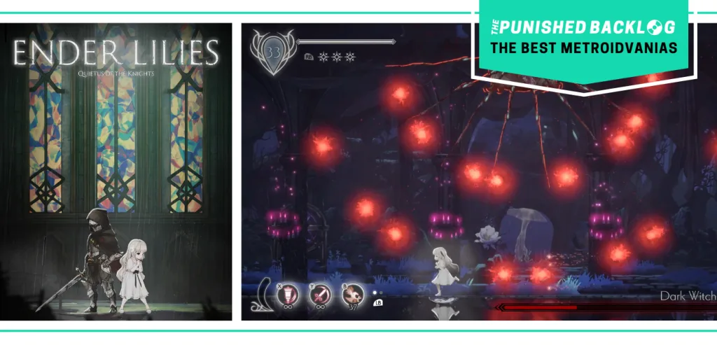 The cover art of Ender Lilies: Quietus of the Knights and a gameplay screenshot a small girl in a white dress running through a dark gothic atmosphere with red lights aimed at her. There's a teal banner with the logo for The Punished Backlog and text that says "The Best Metroidvanias" as part of our list of the best metroidvania games of all time
