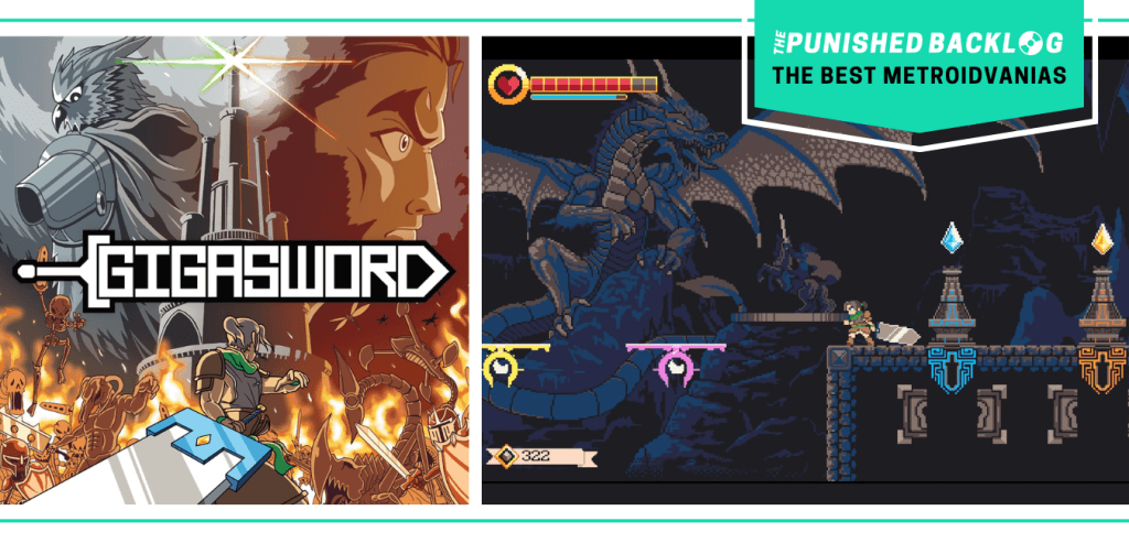 The cover art of Gigasword and a gameplay screenshot showing a knight with a giant sword fighting off a dragon. There's a teal banner with the logo for The Punished Backlog and text that says "The Best Metroidvanias" as part of our list of the best metroidvania games of all time