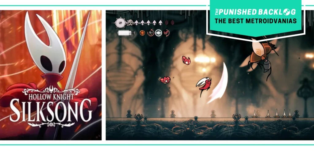 The cover art of Hollow Knight: Silksong and a gameplay screenshot showing a white-horned creature in red fighting off bug enemies in a gothic city. There's a teal banner with the logo for The Punished Backlog and text that says "The Best Metroidvanias" as part of our list of the best metroidvania games of all time