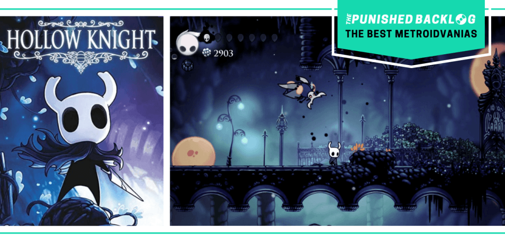 The cover art of Hollow Knight and a gameplay screenshot showing a small creature with a white face and horns in a dark gothic city. There's a teal banner with the logo for The Punished Backlog and text that says "The Best Metroidvanias" as part of our list of the best metroidvania games of all time