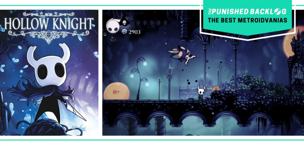 The cover art of Hollow Knight and a gameplay screenshot showing a small creature with a white face and horns in a dark gothic city. There's a teal banner with the logo for The Punished Backlog and text that says "The Best Metroidvanias" as part of our list of the best metroidvania games of all time