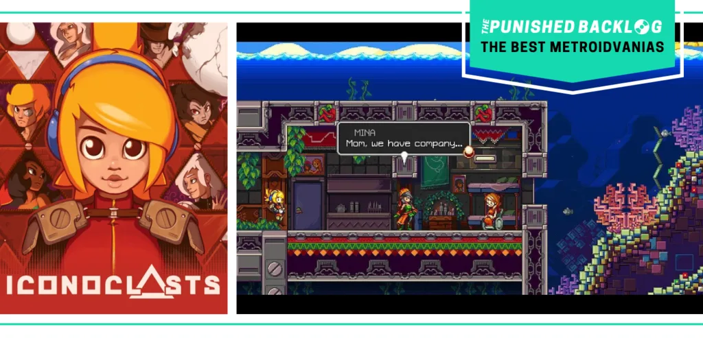 The cover art of Iconoclasts and a gameplay screenshot showing a 32-bit style art of two women speaking in a boxy level underwater. There's a teal banner with the logo for The Punished Backlog and text that says "The Best Metroidvanias" as part of our list of the best metroidvania games of all time