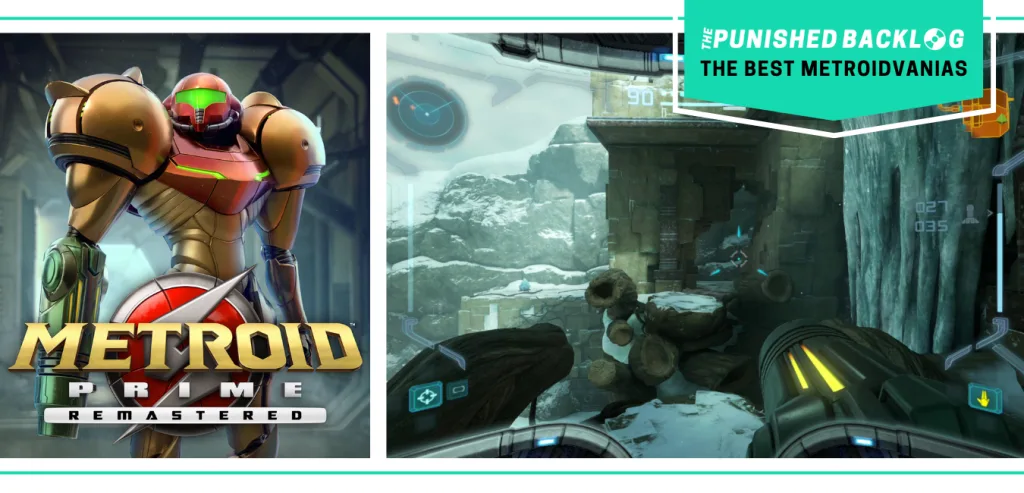 The cover art of Metroid Prime Remastered and a gameplay screenshot showing a first-person view-point of jumping through snow-covered ledges. There's a teal banner with the logo for The Punished Backlog and text that says "The Best Metroidvanias" as part of our list of the best metroidvania games of all time