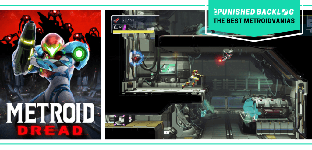 The cover art of Metroid Dread and a gameplay screenshot showing a Samus running through a laboratory and avoiding a laser. There's a teal banner with the logo for The Punished Backlog and text that says "The Best Metroidvanias" as part of our list of the best metroidvania games of all time