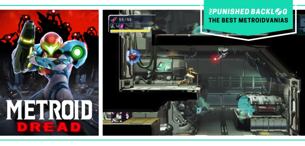 The cover art of Metroid Dread and a gameplay screenshot showing a pulled back third person pov of Samus running through a laboratory and avoiding a laser. There's a teal banner with the logo for The Punished Backlog and text that says "The Best Metroidvanias" as part of our list of the best metroidvania games of all time
