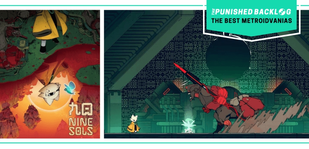 The cover art of Nine Sols  and a gameplay screenshot showing a small white fox in a yellow cloak fighting against a large red enemy. There's a teal banner with the logo for The Punished Backlog and text that says "The Best Metroidvanias" as part of our list of the best metroidvania games of all time