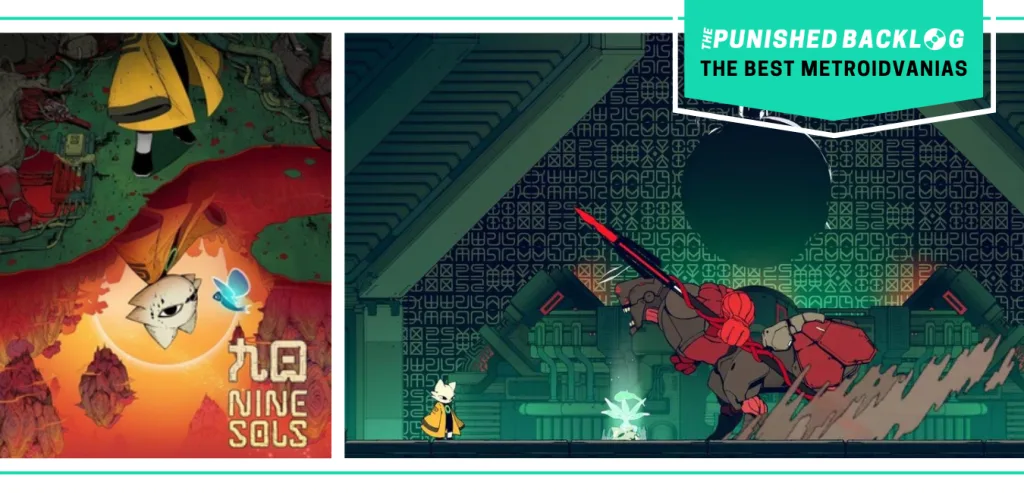 The cover art of Nine Sols and a gameplay screenshot showing a small white fox in a yellow cloak fighting against a large red enemy. There's a teal banner with the logo for The Punished Backlog and text that says "The Best Metroidvanias" as part of our list of the best metroidvania games of all time