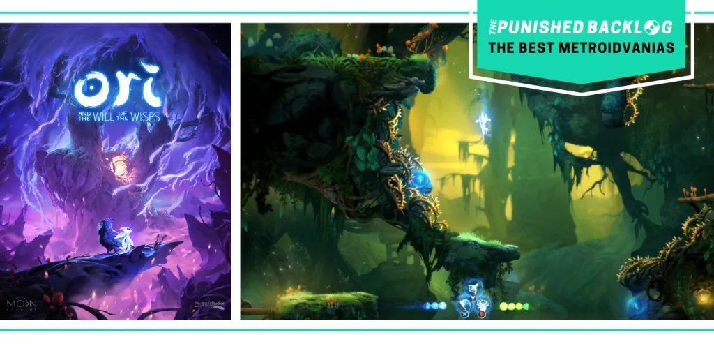 The cover art of Ori and the Will of the Wisps and a gameplay screenshot a small white glowing figure jumping through a dark green forest. There's a teal banner with the logo for The Punished Backlog and text that says "The Best Metroidvanias" as part of our list of the best metroidvania games of all time