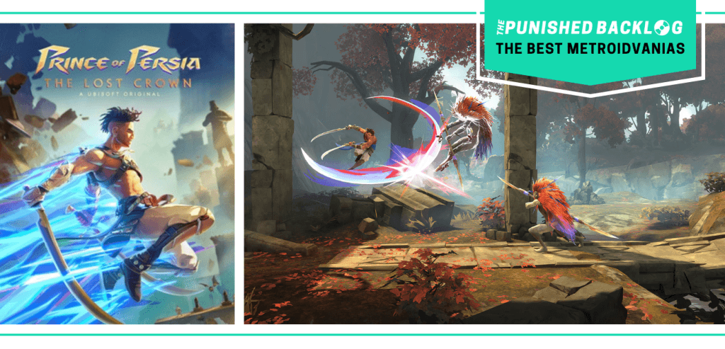 The cover art of Prince of Persia: The Lost Crown and a gameplay screenshot of the prince fighting villains using swords in a wooded clearing mid-air. There's a teal banner with the logo for The Punished Backlog and text that says "The Best Metroidvanias" as part of our list of the best metroidvania games of all time