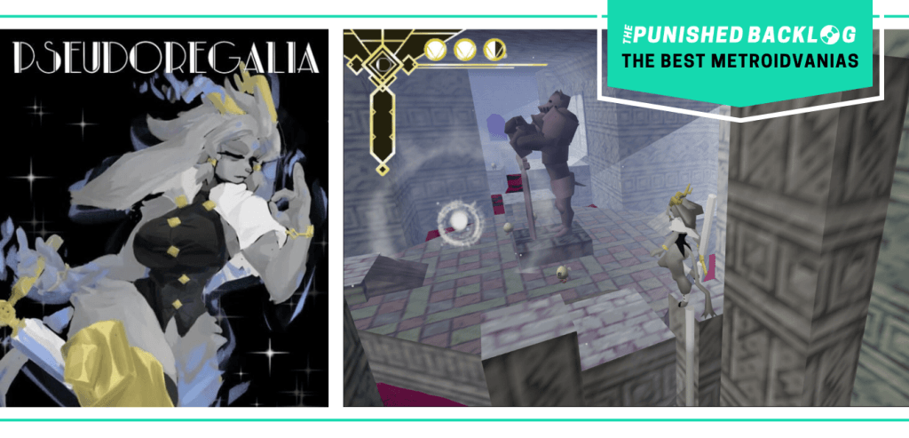 The cover art of Pseudoregalia and a gameplay screenshot of the main bunny character floating through blocky maps and exploring a castle, complimented by an art deco style. There's a teal banner with the logo for The Punished Backlog and text that says "The Best Metroidvanias" as part of our list of the best metroidvania games of all time
