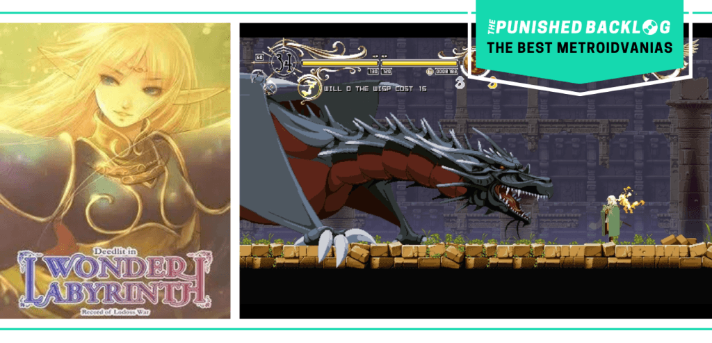 The cover art of Record of Lodoss War: Deedlit in Wonder Labyrinth and a gameplay screenshot of an elf in a green cloak facing off against a large dragon. There's a teal banner with the logo for The Punished Backlog and text that says "The Best Metroidvanias" as part of our list of the best metroidvania games of all time