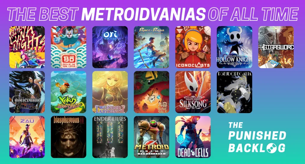 A purple and teal background with the text: THE BEST METROIDVANIAS OF ALL TIME and the logo for The Punished Backlog as well as the cover art for the following video games: Blasphemous II, Bō: Path of the Teal Lotus, Castlevania Dominus Collection, Ender Lilies: Quietus of the Knights, Hollow Knight, Hollow Knight: Silksong, Iconoclasts, Metroid Dread, Nine Sols, Ori and the Will of the Wisps, Prince of Persia: The Lost Crown, Record of Lodoss War: Deedlit in Wonder Labyrinth, Tales of Kenzera: Zau, Touhou Luna Nights, Yoku’s Island Express, Dead Cedlls, Giagasword, Metroid Prime Remastered, Pseudoregalia