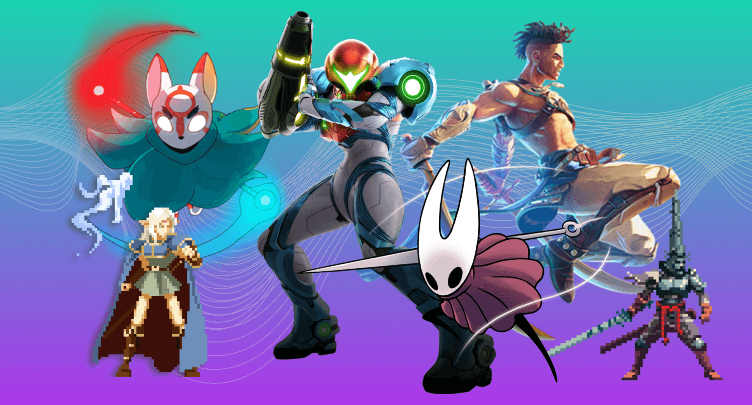 A purple and teal background featuring characters from the Best Metroidvania Games such as Blasphemous II, Bō: Path of the Teal Lotus, Hollow Knight: Silksong, Iconoclasts, Metroid Dread, Prince of Persia: The Lost Crown, Record of Lodoss War: Deedlit in Wonder Labyrinth.