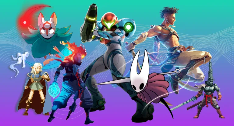 A purple and teal background featuring characters from the Best Metroidvania Games such as Blasphemous II, Bō: Path of the Teal Lotus, Hollow Knight: Silksong, Iconoclasts, Metroid Dread, Prince of Persia: The Lost Crown, Record of Lodoss War: Deedlit in Wonder Labyrinth; the Prisoner from Dead Cells.