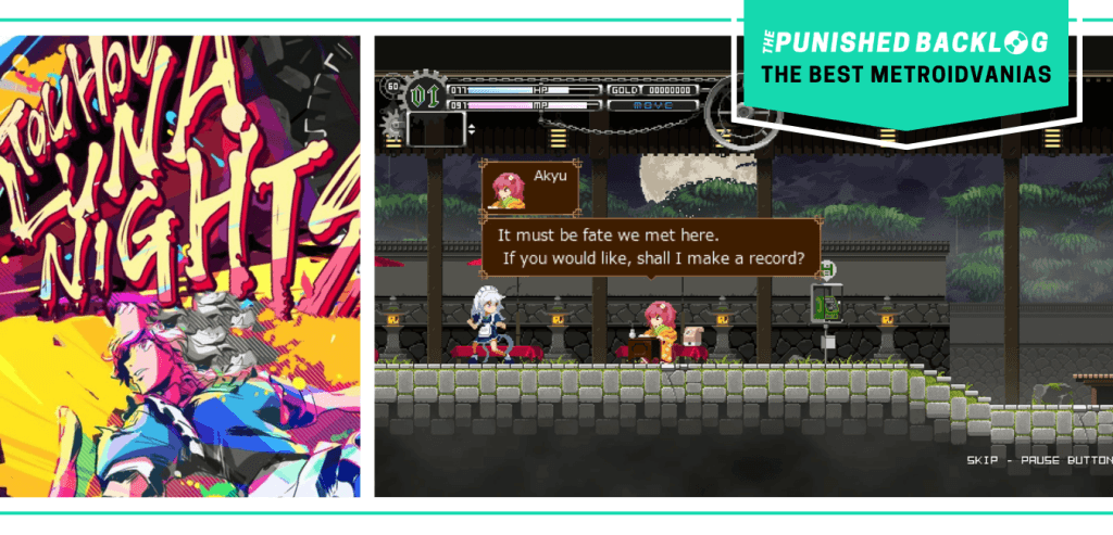 The cover art of Touhou Luna Nights and a gameplay screenshot of two characters in colorful outfits talking on a stone platform. There's a teal banner with the logo for The Punished Backlog and text that says "The Best Metroidvanias" as part of our list of the best metroidvania games of all time