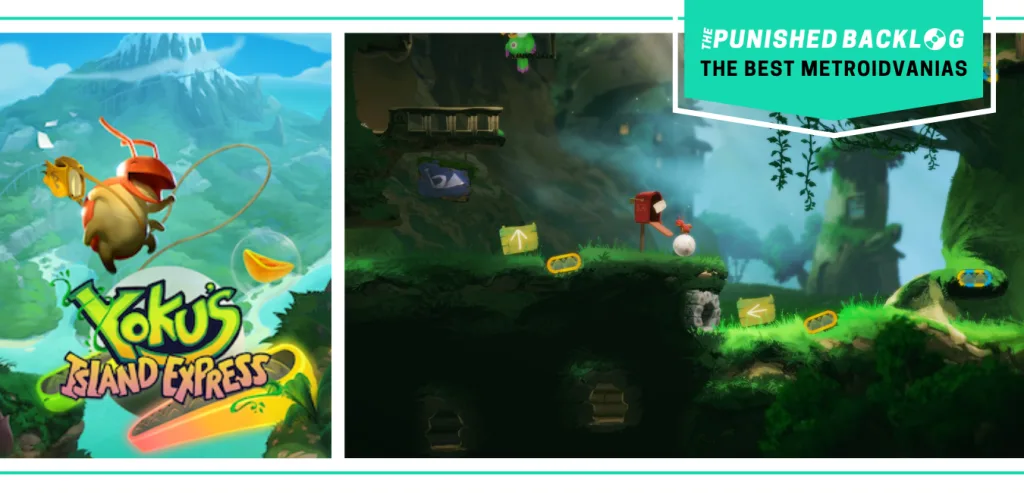 The cover art of Yoku’s Island Express and a gameplay screenshot showing a bug traveling through a mossy green forest. There's a teal banner with the logo for The Punished Backlog and text that says "The Best Metroidvanias" as part of our list of the best metroidvania games of all time