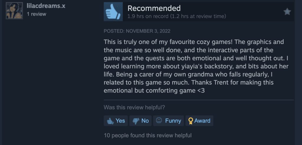 A Walk With Yiayia - Steam review screenshot from lilacdreams.x