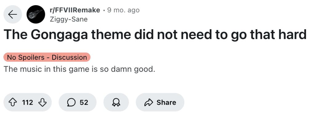 Gongaga region theme Reddit comments