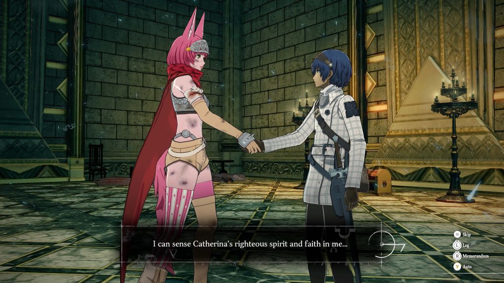 Screenshot of the Metaphor: ReFantazio protagonist shaking hands with Catherina, one of his followers