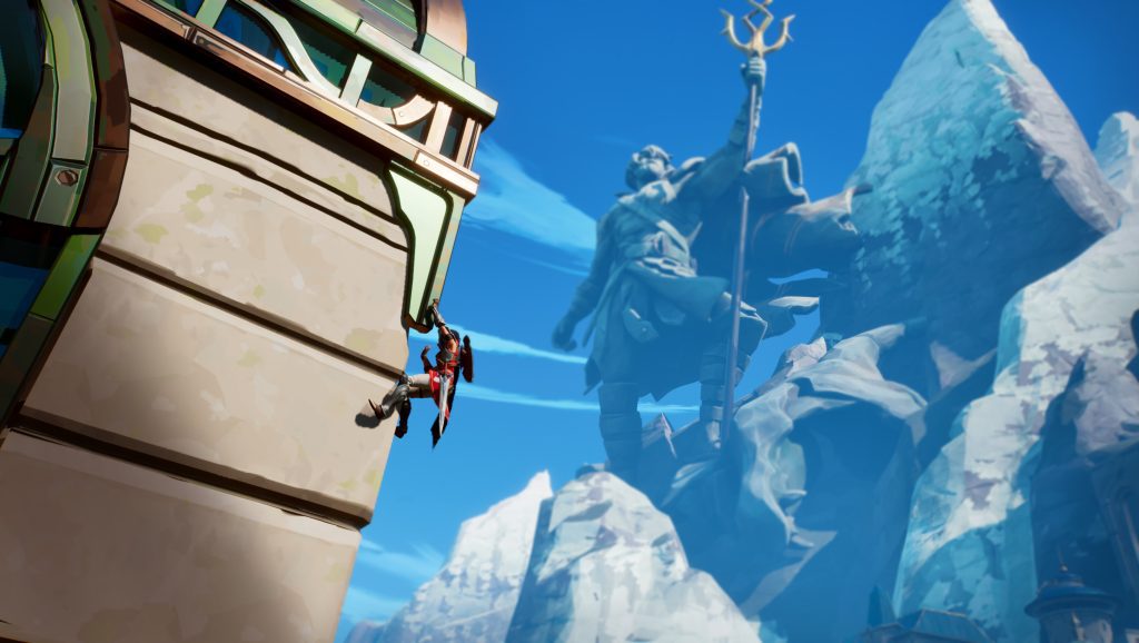 Eternal Strands - Brynn climbing a tower with a giant statue looming in the distance