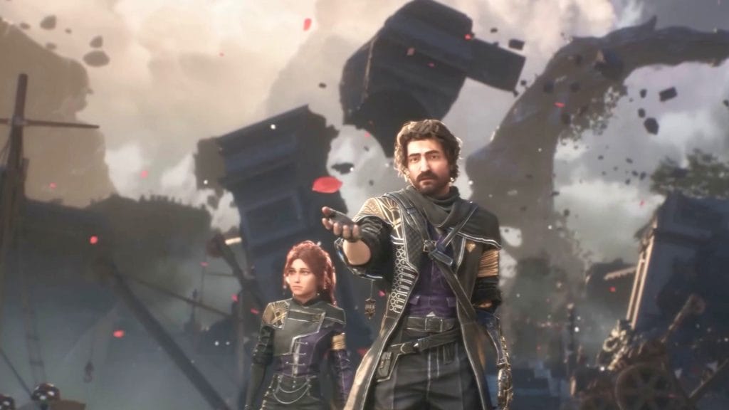 Screenshot of a cutscene from Clair Obscur: Expedition 33 where Gustave reaches out for a red petal, Maelle at his side