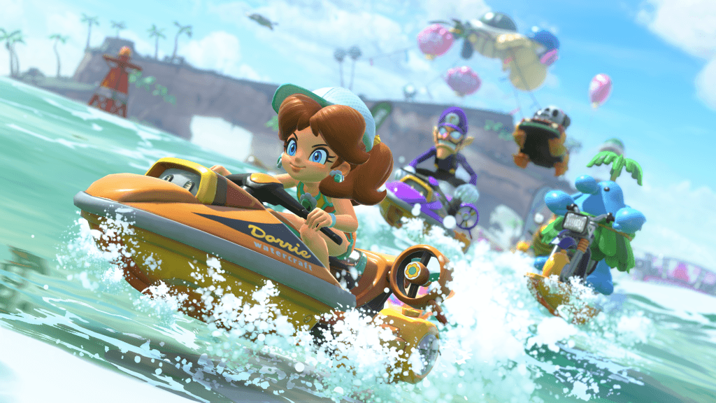 Mario Kart World - Daisy racing on a boat