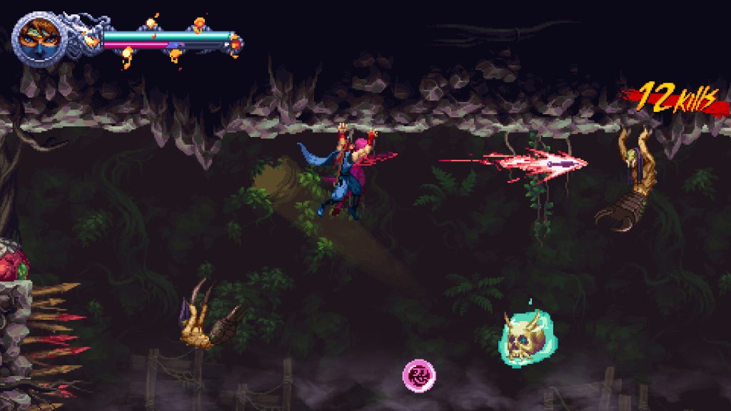 Ninja Gaiden: Ragebound Review - gameplay screenshot of Kenji hanging from the ceiling