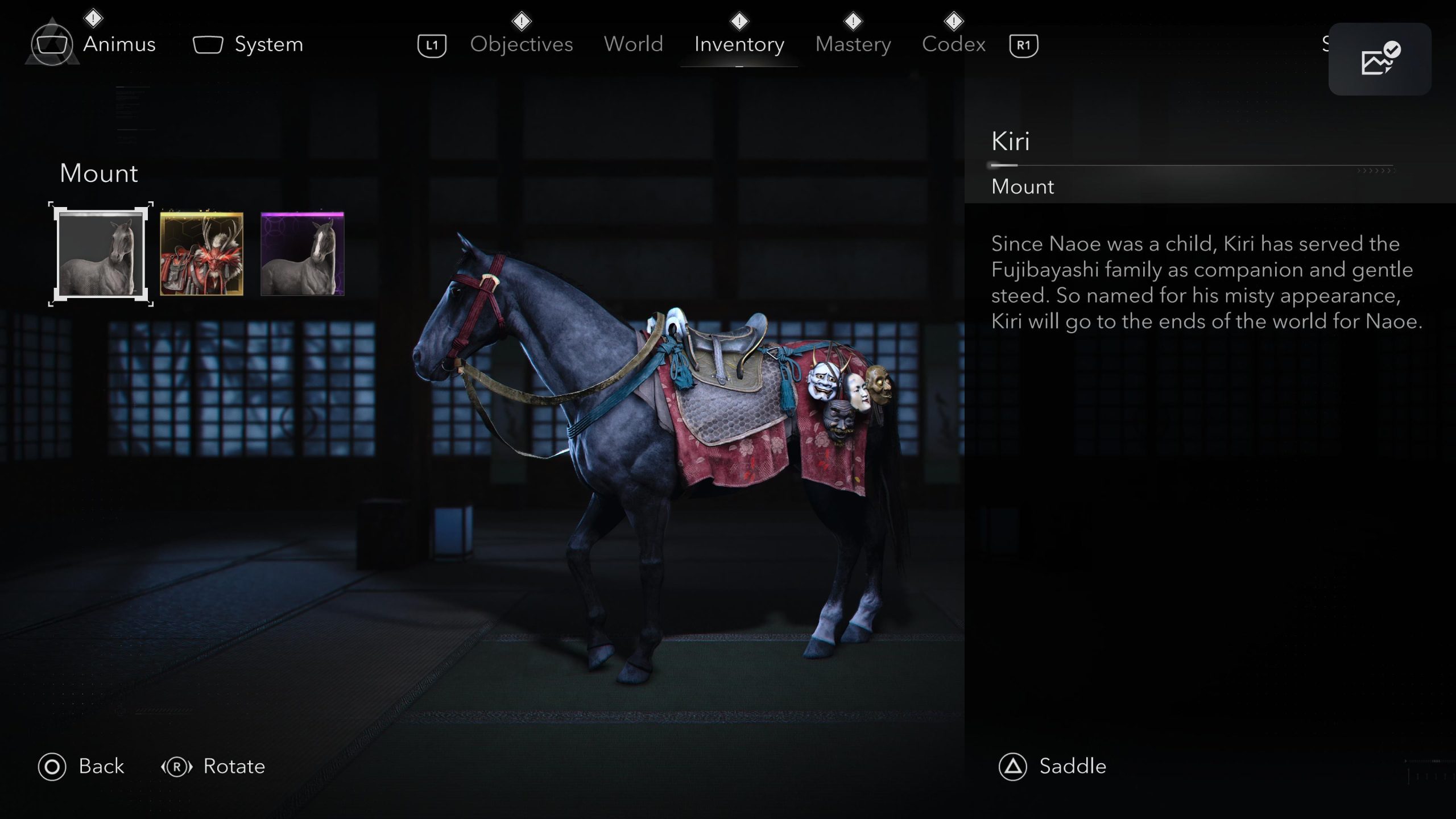 Assassin's Creed Shadows - horse mount menu, Kiri