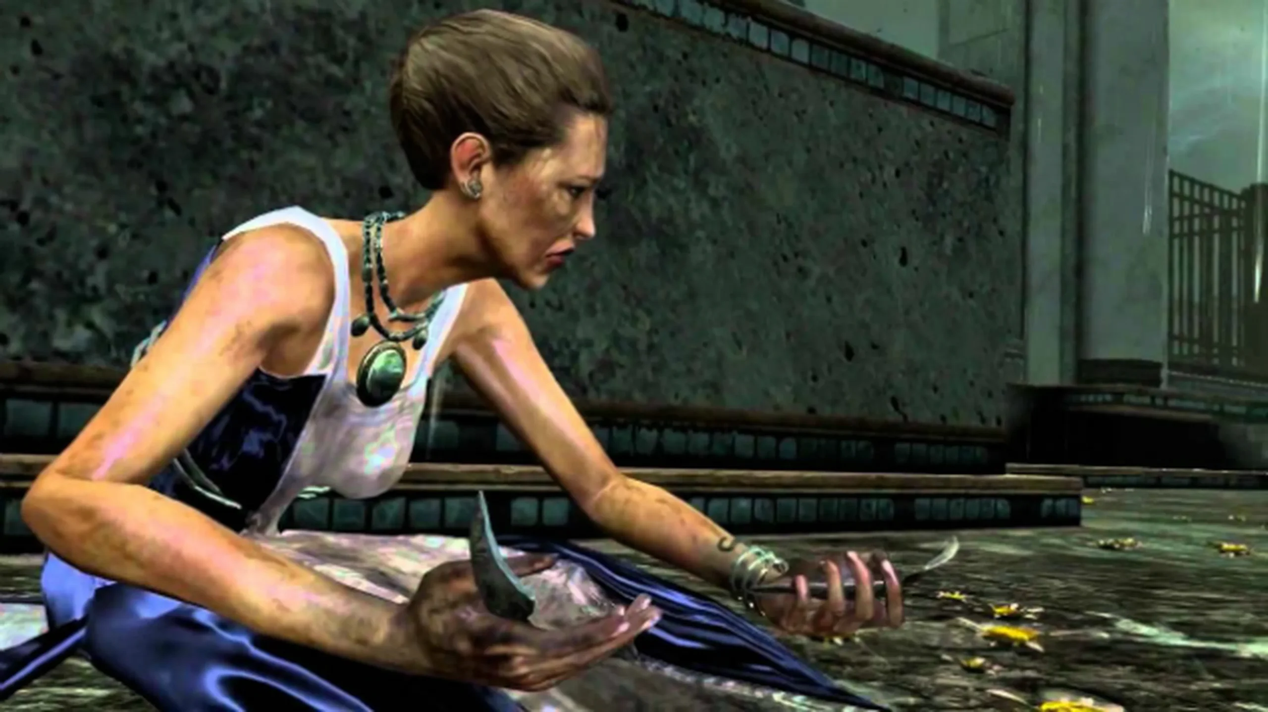 Hera in God of War III beaten down and holding a shattered chalice