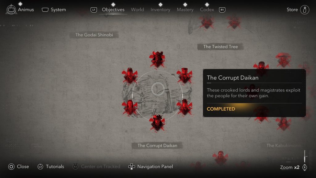 A screenshot of the Objectives Board and the quests for The Corrupt Daikan, which show a ring of portraits with red x's through them.