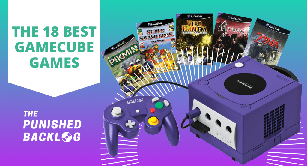 The Best GameCube Games of All Time: a title image for the article that features a GameCube in front of five vintage video game covers and a title, plus the logo of the site