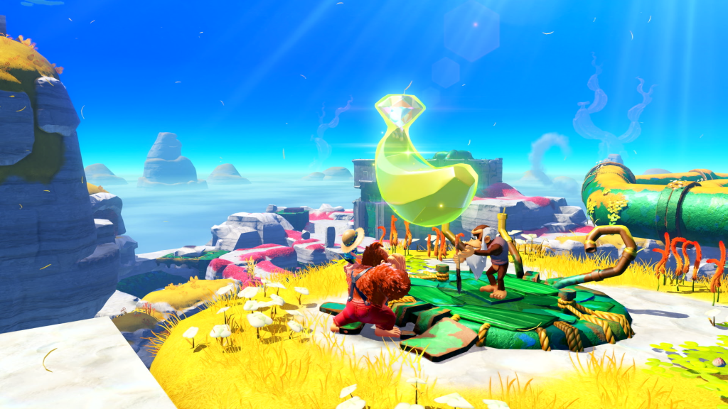Donkey Kong getting a giant Banandium Gem (a banana) in the Lagoon levle. 